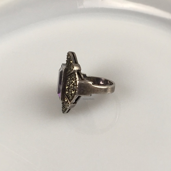 Vtg Sterling Silver Fine Marcasite Amethyst Ring ~ Vintage Cocktail Statement - Picture 5 of 14